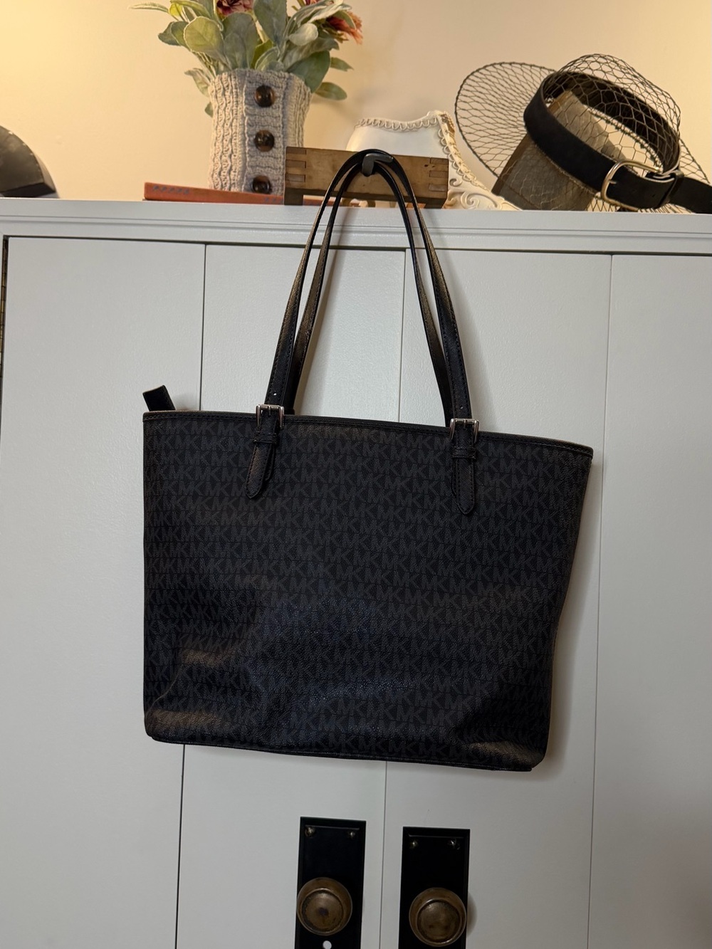 Michael Kors Black Logo-Print Tote with MK Charm - Picture 2 of 9